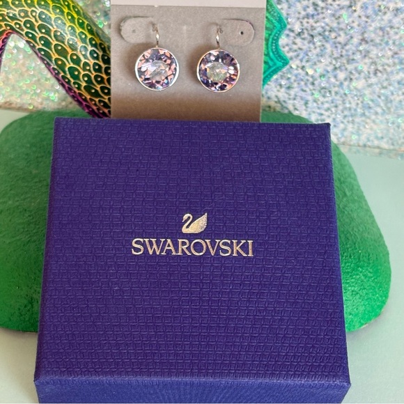 Authentic Stamped Swarovski Large Bella Violet Purple Bezel Lever Back Earrings - Picture 12 of 12
